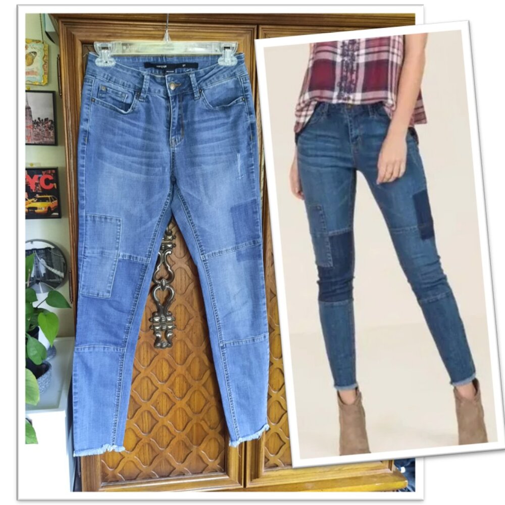 Harper Mid-Rise Shadow Patch Skinny Raw Hem Jeans - Lightwash,  Size 27